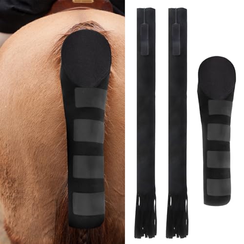 Dmnnlp Horse Tail Wrap Protector & 2 Bags with Fringe Adjustable Non-Slip Tail Guard for Trailers Stalls Shows Black