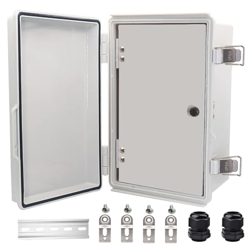Waterproof Electrical Box with Mounting Plate, IP67 Junction Box Stainless Steel Latch Hinged Grey Cover Project Enclosure with Inner Door,Wall Bracket and 2 Glands 14" x 10" x 6"