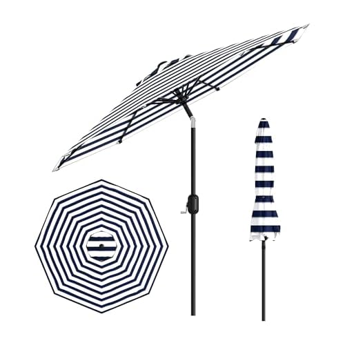 GarveeLife 10FT Outdoor Patio Umbrella, Table Market Umbrella with Push Button Tilt and Crank, 8 Sturdy Ribs UV Protection Waterproof for Garden, Deck, Backyard, Pool Light-blue-and-white st