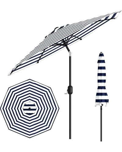 9FT Outdoor Patio Umbrella, Outdoor Table Umbrella, Market Umbrella with Push Button Tilt and Crank, 8 Sturdy Ribs UV Protection Waterproof for Garden, Deck, Pool (Light-blue-and-white striped)