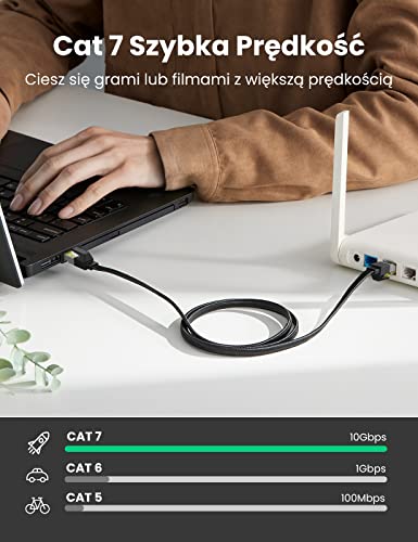UGREEN Kabel Ethernet Cat7 RJ45 Płaski pleciony 10 Gb/s 600 MHz Kompatybilny z routerem PS5 PS4 Swtich modemu TV itp (15 M)