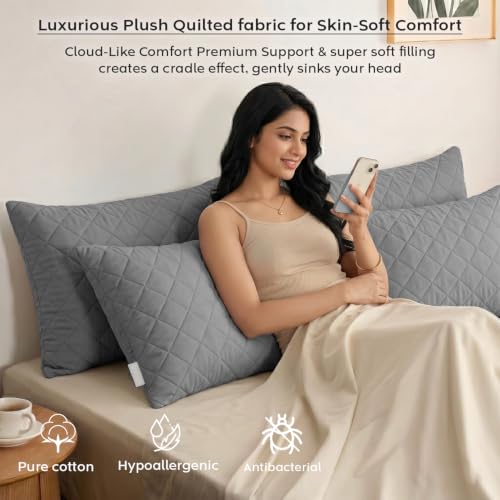 Image of AYKA Quilted Pillow for Sleeping | Super Soft & Fluffy Bed Pillow | 100% Virgin Microfiber Filling | Ergonomic Neck Support | Breathable | Ideal for All Type of Sleepers | 17 x 20 Inch | Pack of 4