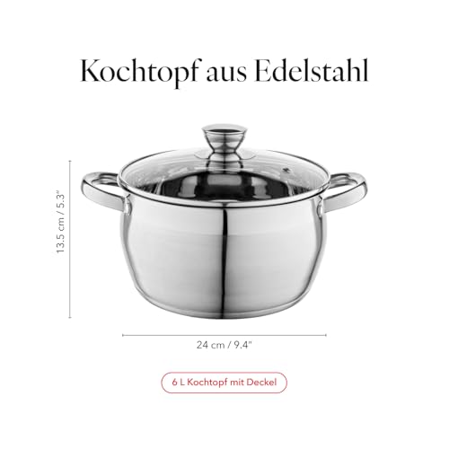 Florina Oliver 24 cm 6 L Edelstahltopf mit Glasdeckel | Für Induktion, Gas, Elektro, Ceran | Messskala innen | Spülmaschinengeeignet | Hitzebeständiger Deckel | Langlebig & robust 3