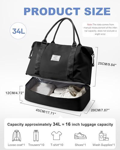 Travel Duffel Bag, 18x14x8 Inches Travel Bag Spirit with Shoes Compartment, Weekender Overnight Bag for Women with Trolley Sleeve, Carry On Bag for Airplanes Sport Tote Gym Bag Black - Thumbnail 4