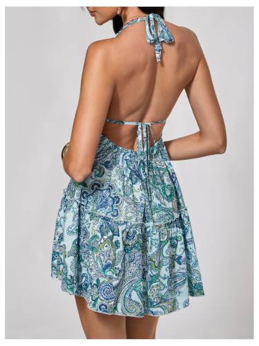 Image of SOLY HUX Women's Summer Boho Paisley Print Halter Dress Deep V Neck Tie Backless Sleeveless Mini Dresses Sundress