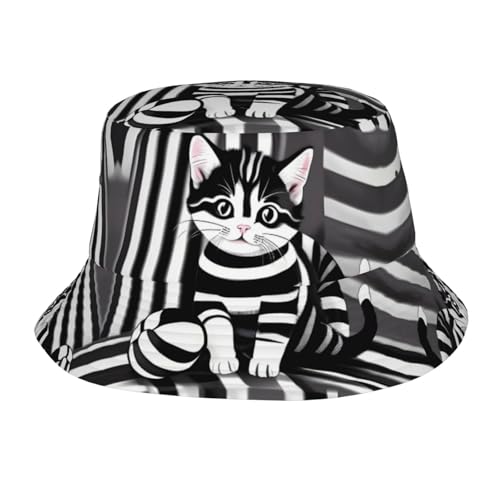Black and White Striped Kitten Adult Unisex Sunshade Bucket hat, Non-Shrinking, Lightweight, Breathable, Foldable, Easy to Store