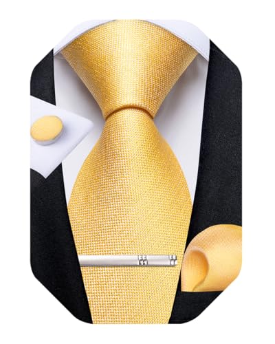 Image of DiBanGu Mens Silk Necktie Solid Color Tie and Pocket Square Cufflink Tie Clip Set Woven Plain Ties for Men Wedding Party