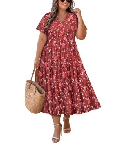 Image of TIYOMI Women Plus Size Dress Boho V Neck Short Sleeve Beach Maxi Dresses Floral /Stripe /Leaves /Lemon XL-5XL
