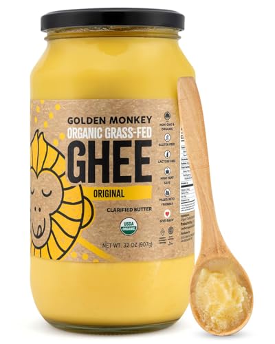 GOLDEN MONKEY Organic Ghee Butter – Grass Fed Clarified Butter for Cooking, Baking, Keto &amp; Gut Health – Ghee Butter Organic Grass Fed from Small Farms – Smooth Spread with High Smoke Point (32oz)