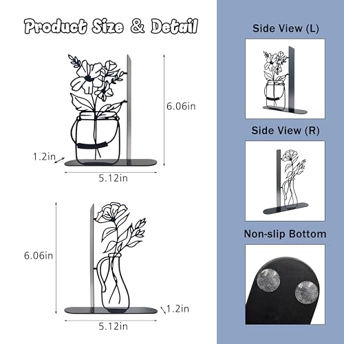 Metal Flower Book Ends, Cute Book Ends for Home Office Decor Decorative Book Ends for Shelves, Ideal Gift for Book Lovers(Black)