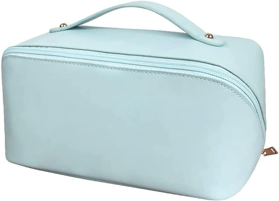 Large Capacity Travel Cosmetic Bag, Makeup Bag Travel Cosmetic Bag, Multilayered Leather Waterproof Portable Cosmetic Bag,Toiletry Bags with Handle and Gold Zipper (Blue)