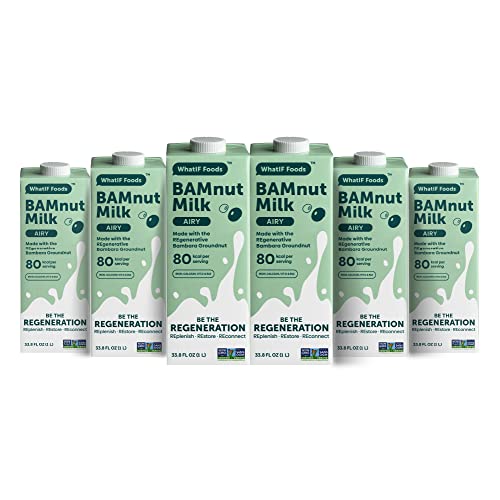 Bamnut Milk Airy | 2.5X More Protein Than Oat & Almond Milk, 80 Cal Per Serving| Unsweetened, Shelf-Stable Plant-Based Milk | Vegan, Non-Dairy 33.8 Fl Oz - (Pack Of 6) By Whatif Foods #TOP12