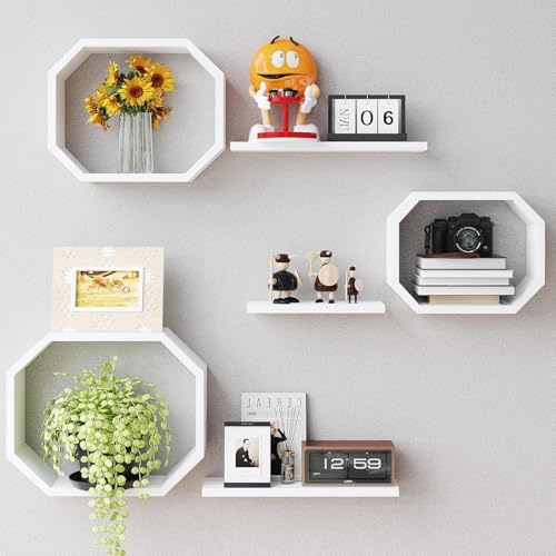 Total Crafts Wooden Floating Shelves, Octagonal Set of 6 Wall Shelves for Wall Decor, Creative Wall Display Shelf for Living Room, Bedroom, Office (White)