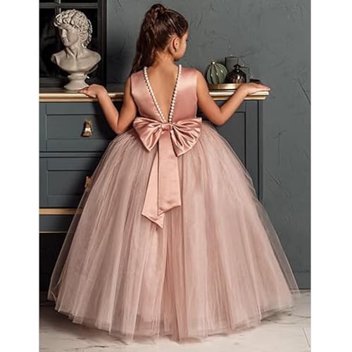 Flower Girls Dresses for Wedding Satin Tulle Pageant Princess Prom Ball Gowns with Pearls and Bow-Knot4