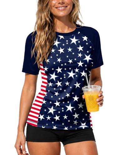 Image of AOBUTE Women Short Sleeve Rash Guard UPF 50+ Tropical Sun Protection Floral Swim Shirts