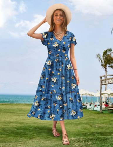 Image of YESNO Women Summer Boho Floral Casual Dresses V Neck Ruffle Cap Sleeve Smocked Midi Dress with Pockets EVA