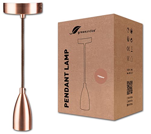 greenandco® lámpara colgante de techo Vintage E27 color cobre con cable textil acortable de 150 cm, para iluminación interior, estilo contemporáneo, 230V