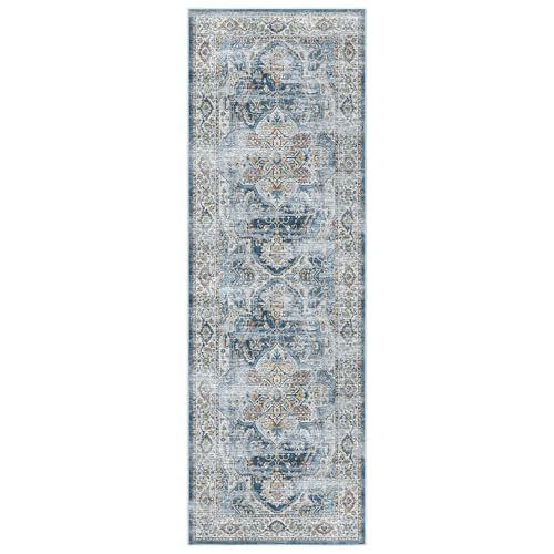 Madane Washable Runner Rug - 2x6 Rug Runners for Hallways 6 Feet Non Slip Vintage Kitchen Runner Rug Ultra-Thin Bathroom Runner Rugs Carpet Laundry Room Bedroom (2x6ft, Navy)