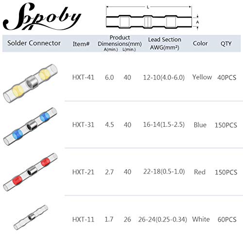 400Pcs Solder Seal Wire Connectors - Sopoby Heat Shrink Solder Butt Connectors - Solder Connector Kit - Automotive Insulated Waterproof Electrical Wire Terminals #TOP3
