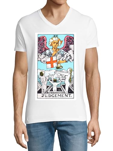 T-Shirt Blanc Homme Col V en Coton avec Logo Art Tarot Judgement