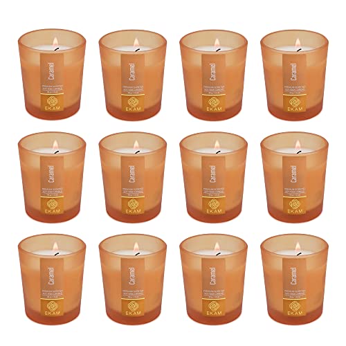 Image of EKAM Caramel Votive Soy Wax Scented Candle, 40 Grams, 10 Hours Burn Time| Long Lasting Premium Candles | Ideal for Home Decor | Gifting & Aromatherapy (Pack of 12)