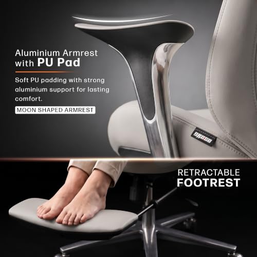 Image of Drogo Amara Ergonomic Office Chair for Work & Home- Luxury Semi-Silicone Leather, 5cm Seat Depth Adjustment, Curved Headrest, PU Aluminium Armrest, 135 Recline with 3 Lock Positions, Footrest (Beige)