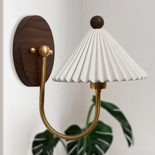 Vintage Aged Brass Ceramic Wall Sconce, White Pleated Shade Wall