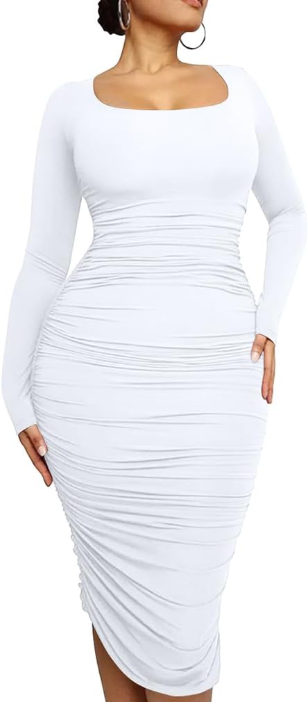 LAGSHIAN Women's Plus Size Sexy Bodycon Long Sleeve Scoop Neck Ruched Basic Midi Party Dress