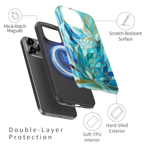 Image of Goodon for iPhone 15 Pro Max Case Cute - Wireless Charging Compatible - Dual-Layer Hard Shell + Silicone Cover - Protective Phone Case with Trendy Designs for Women - Blue Leaves Flower