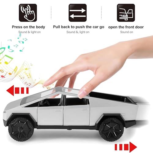 Image of Tesla Cyber Truck Toy | 1:32 Scale Diecast Alloy Metal Model Pullback Action Cars | Pickup Truck with Openable Doors, Light & Sound Toy for Kids | Best Gift for Boys & Girls