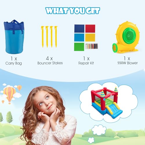 GYMAX Kids Bouncy Castle, Inflatable Jumping House with Slide & Carry Bag, Indoor Outdoor Children Bounce Playhouse for 3-10 Years Old Boys Girls (with 480W Blower) - Image 6
