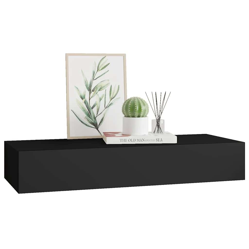 Estantería de pared con cajón, estante flotante negro de MDF y metal, moderno estante flotante para pasillo o sala de estar, 60 x 23,5 x 10 cm