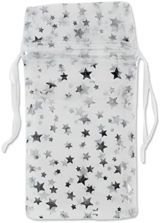 Medium Organza White Pouch with Silver Stars (Package of 12)