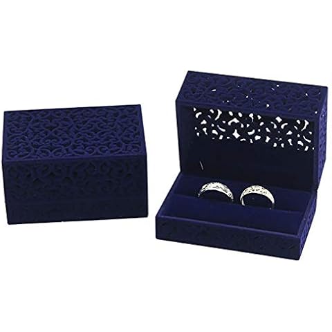 YOEDAF Wedding Ring Box Hollow Velvet Double Ring Bearer Box Couple Ring Jewellry Organiser Storage Case for Proposal Wedding Engagement Ceremony (Sapphire Blue) Cover