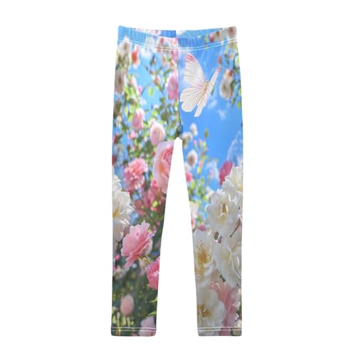 Bolaz Toddler Girls Leggings Printed Yoga Pants Leggings Pink Flowers White Roses for Kids
