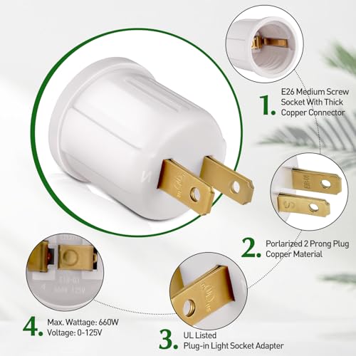 outlet to socket adapter plug-in light socket convert outlet to light bulb socket polarized 2-prong outlet to e26 e27 screw base bulb socket 660 watt 125 volt ul listed 4-pack