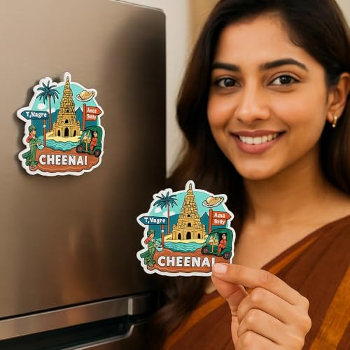 Image of Naxon Chennai City Theme Souvenir Wooden Fridge Magnet for Refrigerator - Printed Fridge Magnet for Kitchen & Home Decor | Perfect Souvenir Gift | Size 3x3 in | Pack of 1