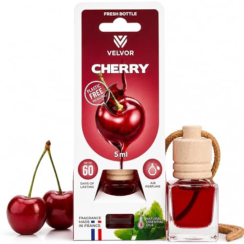 Velvor Car Air Freshener Wooden Diffuser 5ml Made in France Hanging Car Perfume Sweet Fruity Aroma Long Lasting Wooden Cap Diffuser Up to 60 Days Plastic-Free Packaging (Cherry)