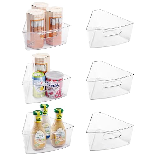 Oubonun Lazy Susan Organizers Set of 6, 10.2”x 9.4”x 4” Plastic Transparent Kitchen Cabinet Storage Bins with Handle, 4