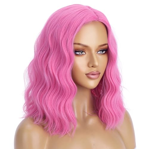 Image of BERON Pink Wig for Women Girls Short Curly Bob Wavy Wig Body Wave 14'' Heat Resistant Synthetic Halloween Cosplay Daily Party Wigs