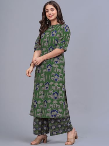 Image of Leriya Fashion Women Printed Kurta Set with Palazzo Pants | Straight Kurta with 3 /4 Sleeves | Ethnic Jaipuri Kurtis Palazzo Set for Women | Kurti for Daily Office & Casual