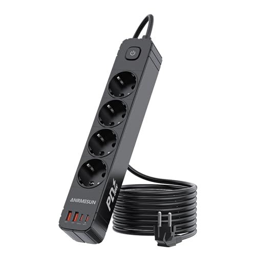 ANRMESUN Regletas Enchufes con 4 Tomas y Interruptor, Enchufe Múltiple de Carga 2 USB A y 2 USB C (PD 20W), Protección Sobretensión, Cable 1.9m, Ideal para Viajes y Hogar (Negro)