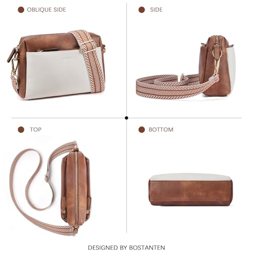 Image of BOSTANTEN Small Crossbody Purse for Women Triple Zip Cell Phone Leather Handbag with Colored Shoulder Strap
