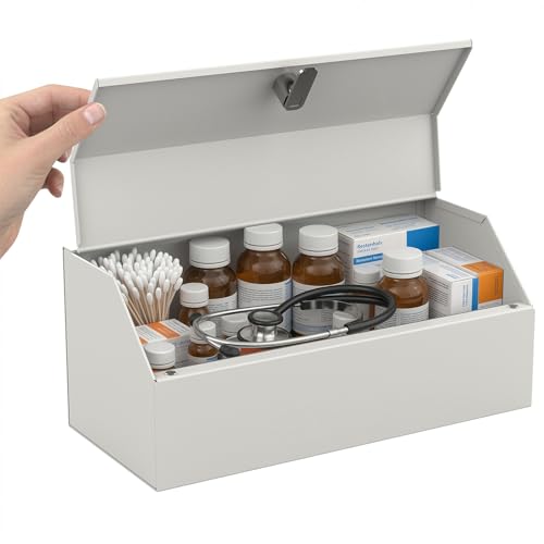 Image of Locking Medicine Cabinet - Wall Mount Steel First Aid Storage Box with Key Lock, Secure Medicine Organizer for Home, Office, Clinic, 12.25 inch W x 5.25 inch D x 5.5 inch H