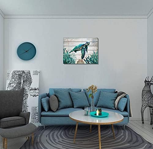 Sea Turtle Bathroom Decor Ocean Canvas Pictures Beach Theme Wall Art Coastal Artwork for Kid Girls Room Living Room Bedroom Home Office Sea Life Wall Decorations(16"x12"Framed) Sea Turtle Wall Art 12"x 16" x 1 Panel