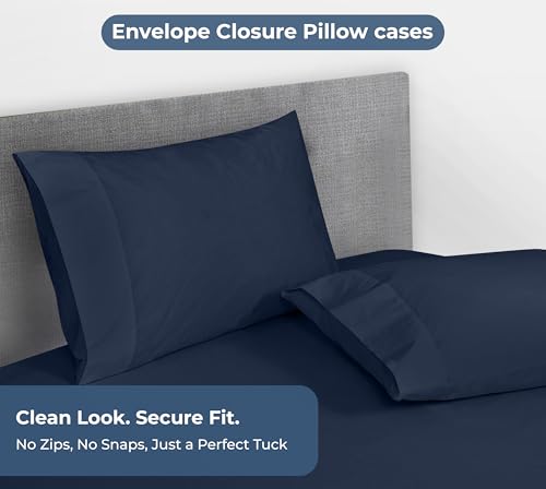 Image of ROYALE LINENS Fitted Sheet with Pillowcases - Full Fitted Sheets with 2 Pillowcases - 300 Thread Count 100% Organic Cotton - Fits Mattress Up to 18 inch Deep - Soft & Breathable - Navy (No Flat Sheet)