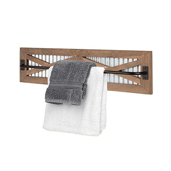 Crutello Rustic Towel Bar with Galvanized Backing for Bathrooms, 24x6 Inches - Wall Mounted Towel Rack Barnwood & Black Metal Bar, Farmhouse Decor