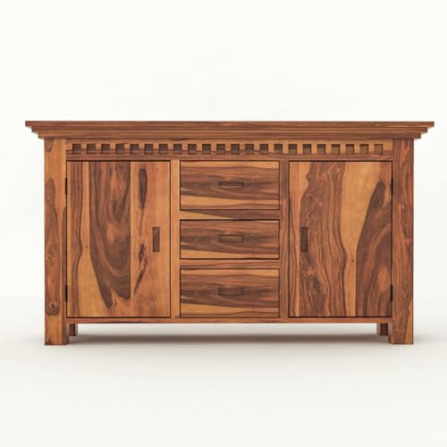 Image of Solid Sheesham Wood Sideboard and Cabinets | Wooden Side Board Media Console Tv Cabinet for Living Room | Free Standing Cabinet with 3 Drawers & 2 Door Cabinet Storage | Natural Finish