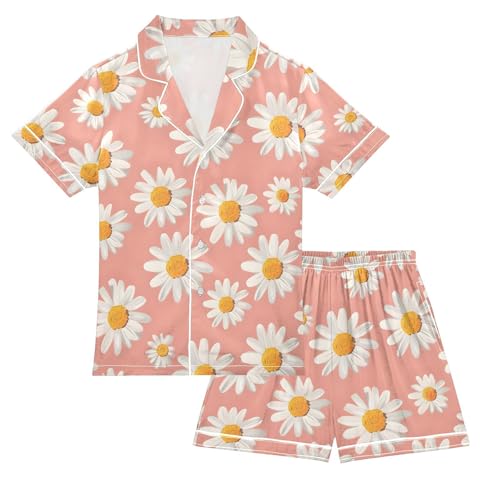ALAZA Colored Daisy Blossom Pajamas Satin Pajama Set Short Sleeve Button Down Sleepwear
