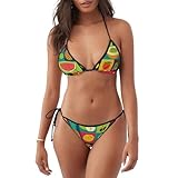 Zweiteiliger Badeanzug im Kunststil, Obst-Bikini-Set für Damen, V-Ausschnitt, niedrige Leibhöhe, überkreuzter Rücken, selbstbindend, Spaghettiträger, Schwarz , L